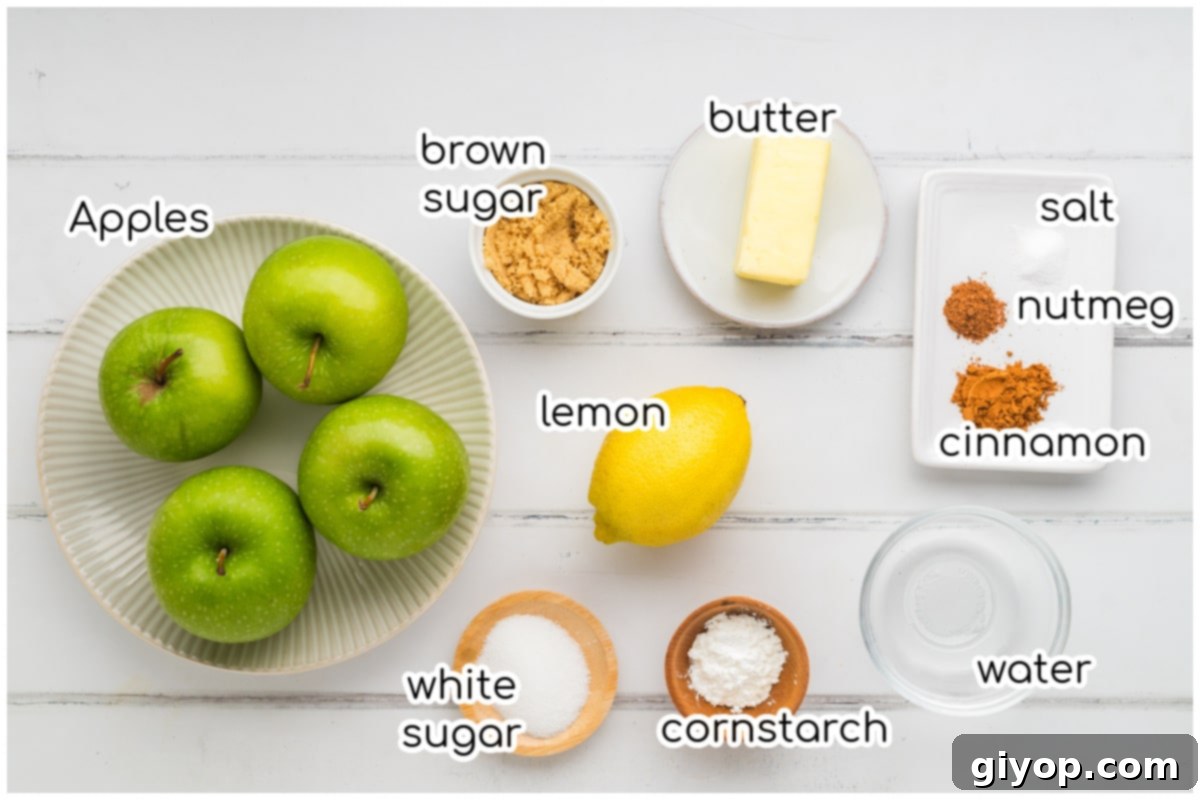 A flat lay image displaying all the essential ingredients for the fried apple recipe, including apples, sugars, butter, and spices.