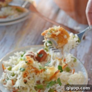 A close up of a plate of food, with Cheesy Chicken and Rice Casserole, garnished and ready to eat.