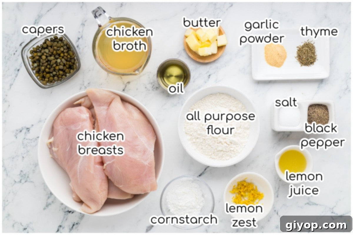 All the fresh ingredients for Slow Cooker Chicken Piccata laid out on a clean surface, ready for preparation.