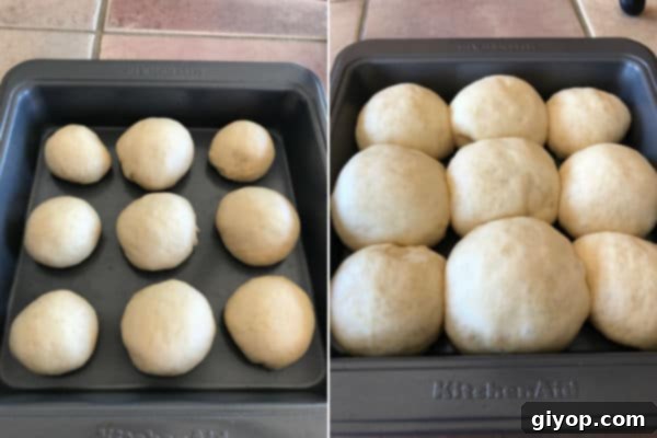 Nine shaped dough balls arranged in a square baking pan, covered and ready for the final rise.