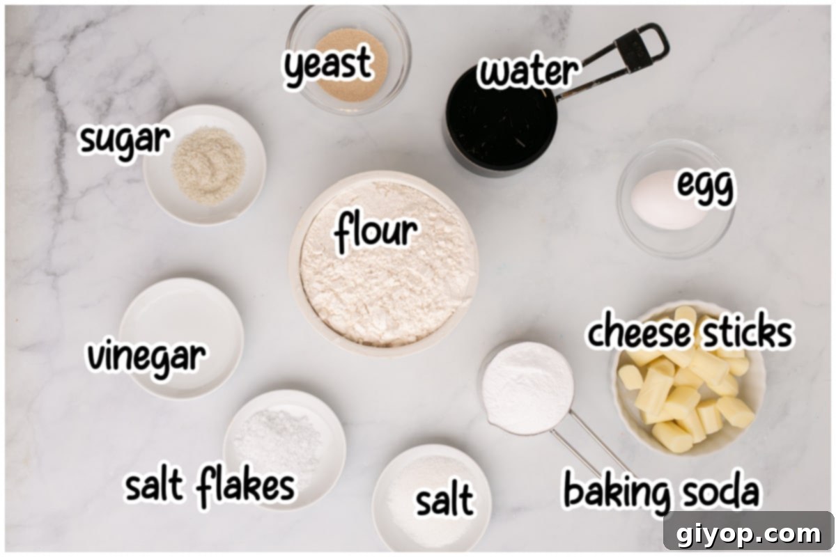Ingredients for the recipe laid out, including flour, yeast, sugar, egg, vinegar, salt, mozzarella sticks, and a bottle of water. Indicating readiness to start.