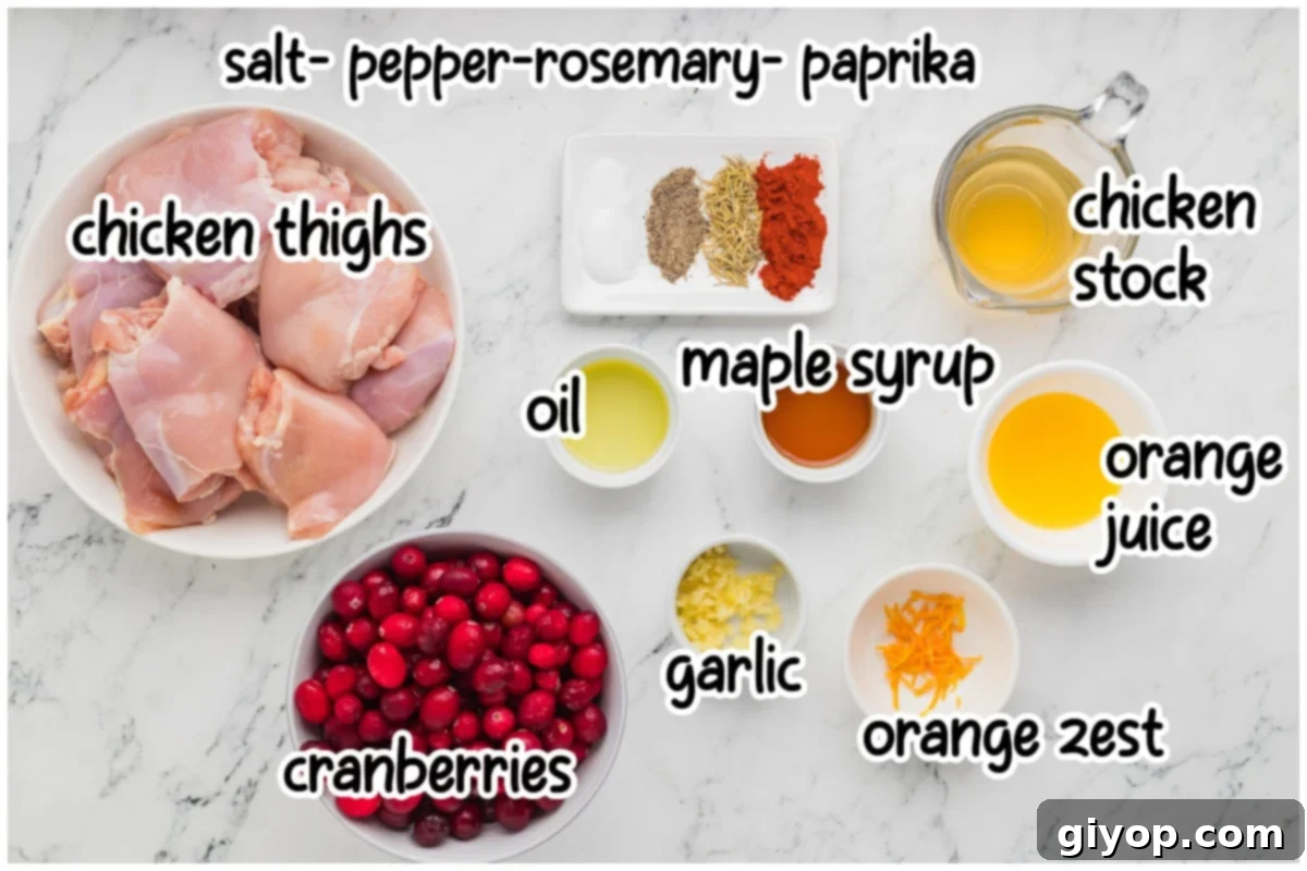 Zesty Cranberry Orange Chicken 6 Cranberry orange chicken ingredients with text overlay.