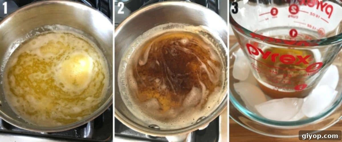 The initial stage of browning butter in a light-colored pan over low heat.