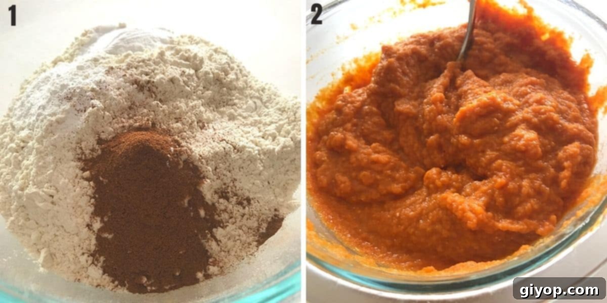 Dry ingredients and wet ingredients for the pumpkin cake prepared in separate bowls.