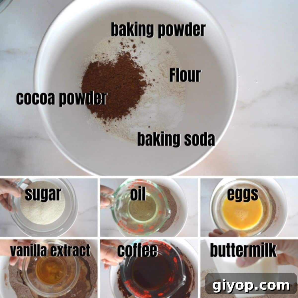 A collage of 7 photos showcasing the individual ingredients required to prepare the rich chocolate cake batter.