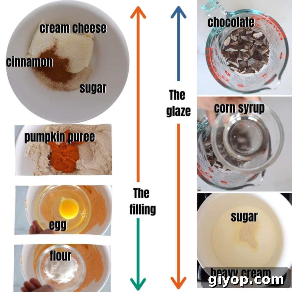 A collage of 7 photos showing the ingredients needed for the creamy pumpkin filling and the luscious chocolate glaze.