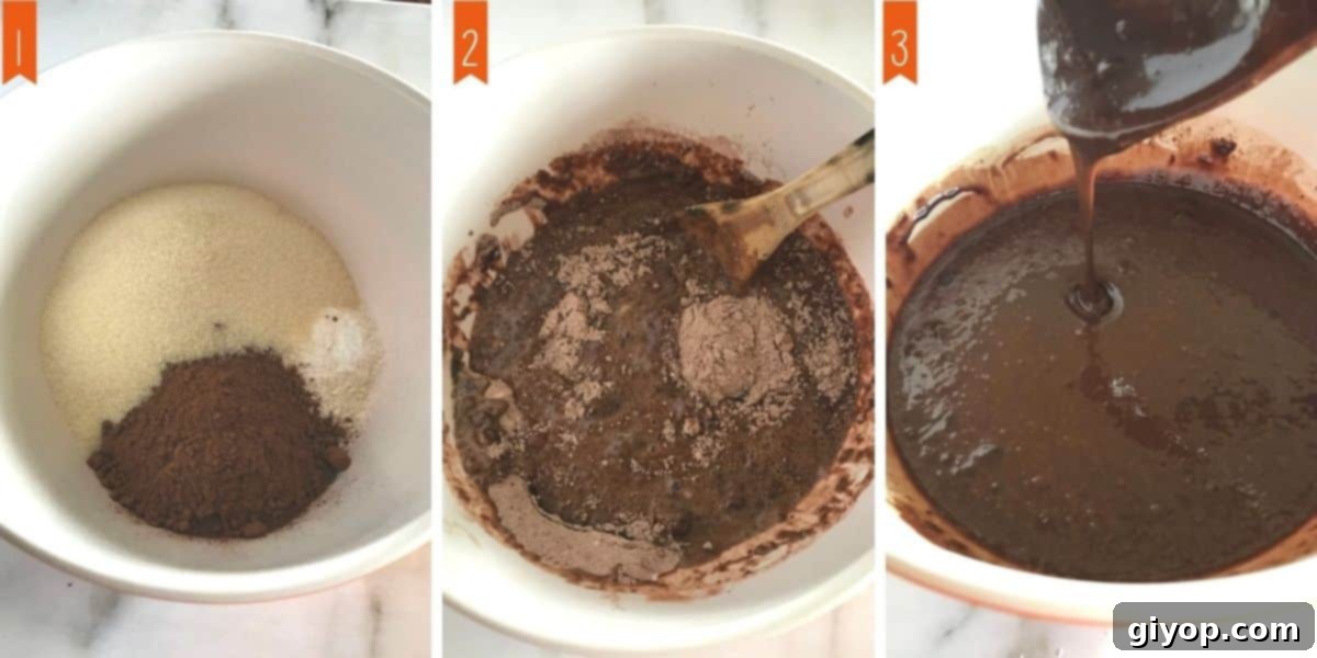 A collage of 3 photos demonstrating the process of mixing the dry ingredients and then combining them with wet ingredients to create the chocolate cake batter.