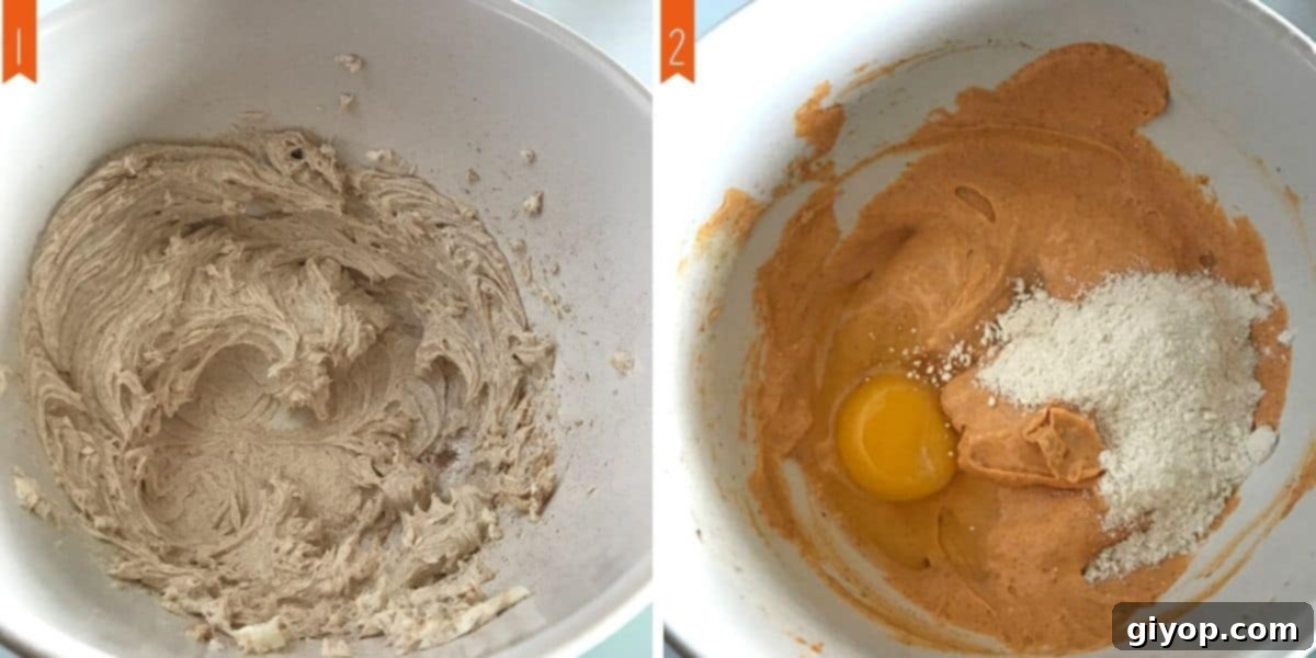 A collage of two photos illustrating the steps for making the creamy pumpkin cream cheese filling.