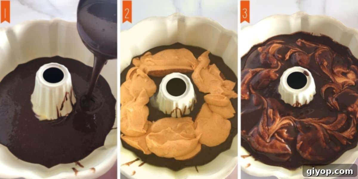 A collage of 3 photos demonstrating the steps involved in assembling the bundt cake layers for baking.