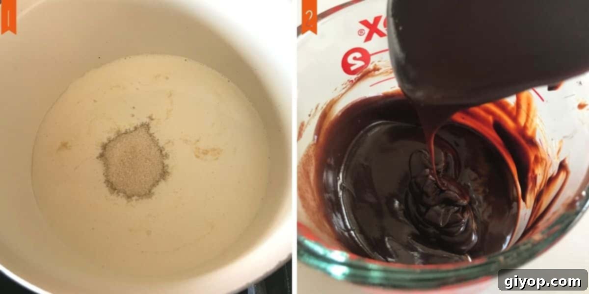A collage of two photos demonstrating the process of making the glossy chocolate glaze for the cake.