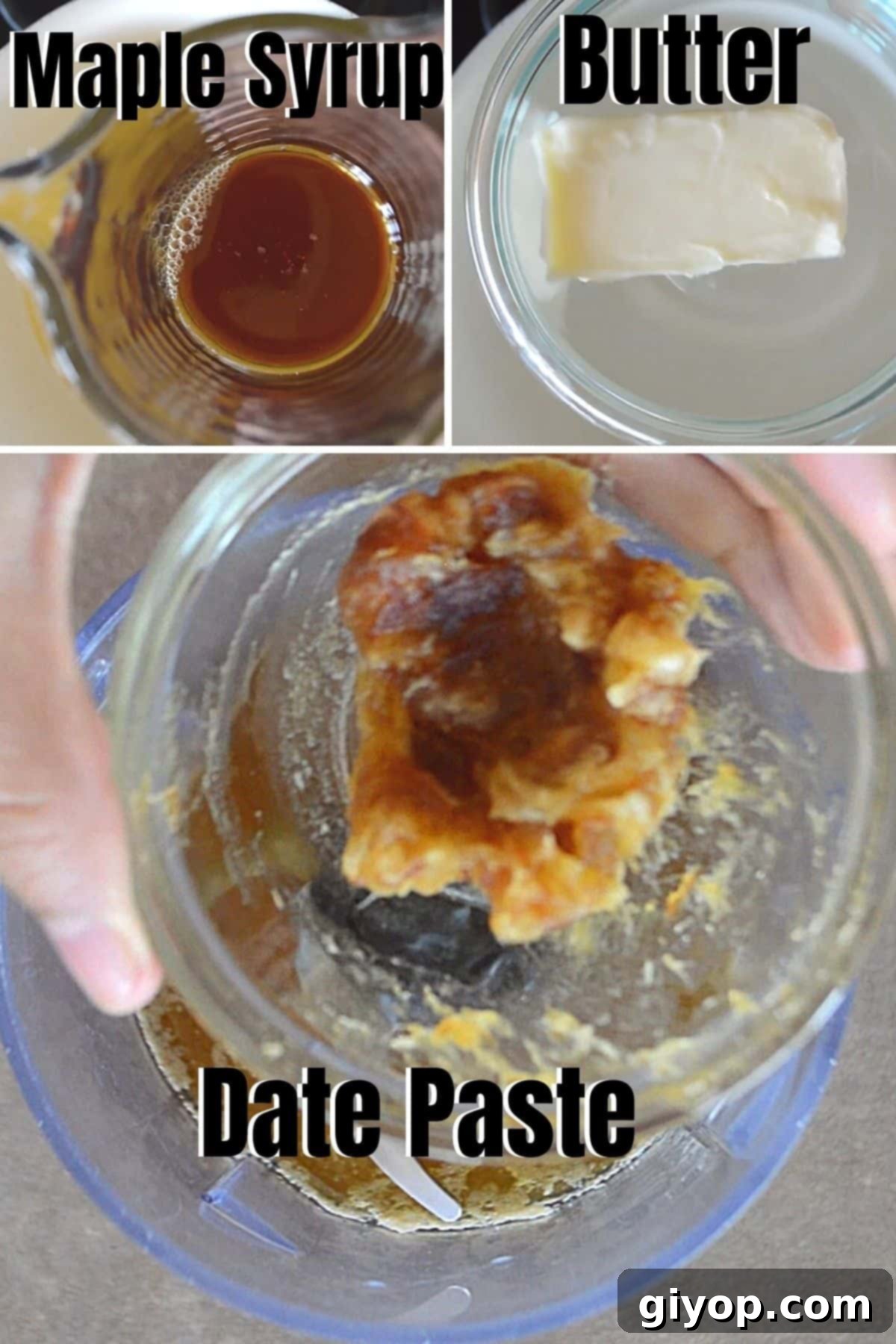 Velvet Date Caramel 3 A collage of 3 photos for ingredients to make date caramel.