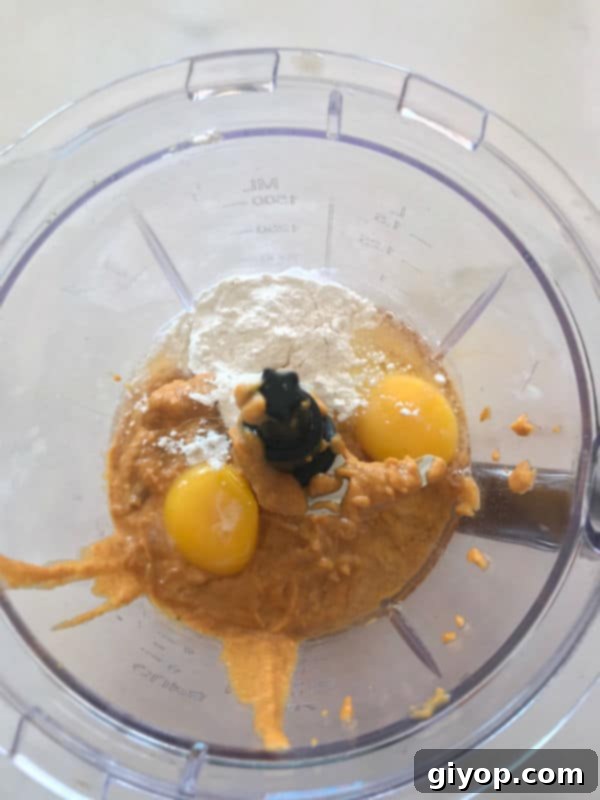 Step by step photos on making pumpkin phyllo pie, showing a blender