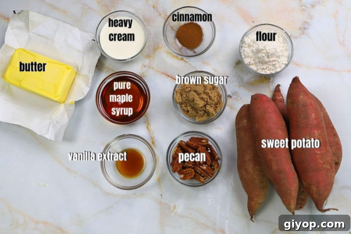 A vibrant display of fresh sweet potato casserole ingredients laid out on a marble table, ready for preparation.