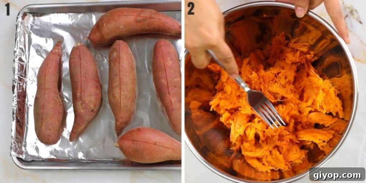 A collage of two images showing the process of roasting sweet potatoes in the oven and then mashing them in a deep bowl for the casserole base.