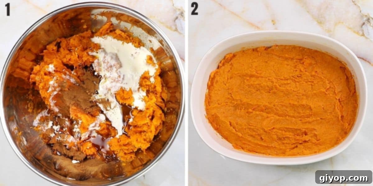 A collage of two images illustrating the combining of ingredients to create the creamy sweet potato casserole mixture.