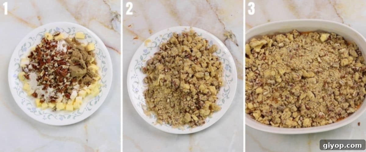 A collage of three images detailing the steps for making the buttery, crunchy pecan topping for the sweet potato casserole.
