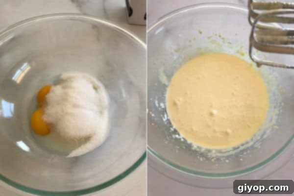 Step-by-step photograph showing perfectly stiff egg whites in a mixing bowl.