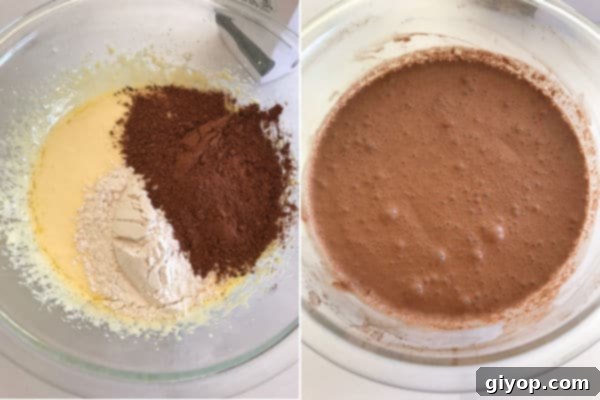 Step-by-step photograph showing beaten egg yolks, water, vanilla, and sugar, light and fluffy in a bowl.