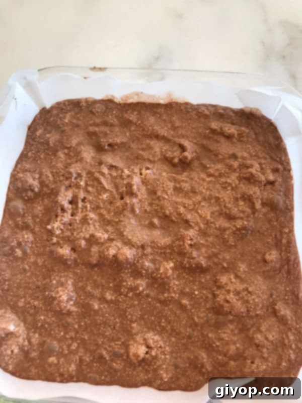 Step-by-step photograph showing the chocolate cake batter after adding butter, flour, and cocoa powder.