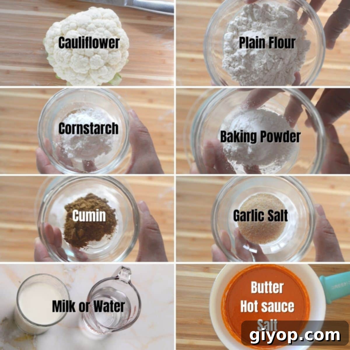 Buffalo Cauliflower Poppers 3 A collage of 8 images showing ingredients needed to make buffalo cauliflower bites.