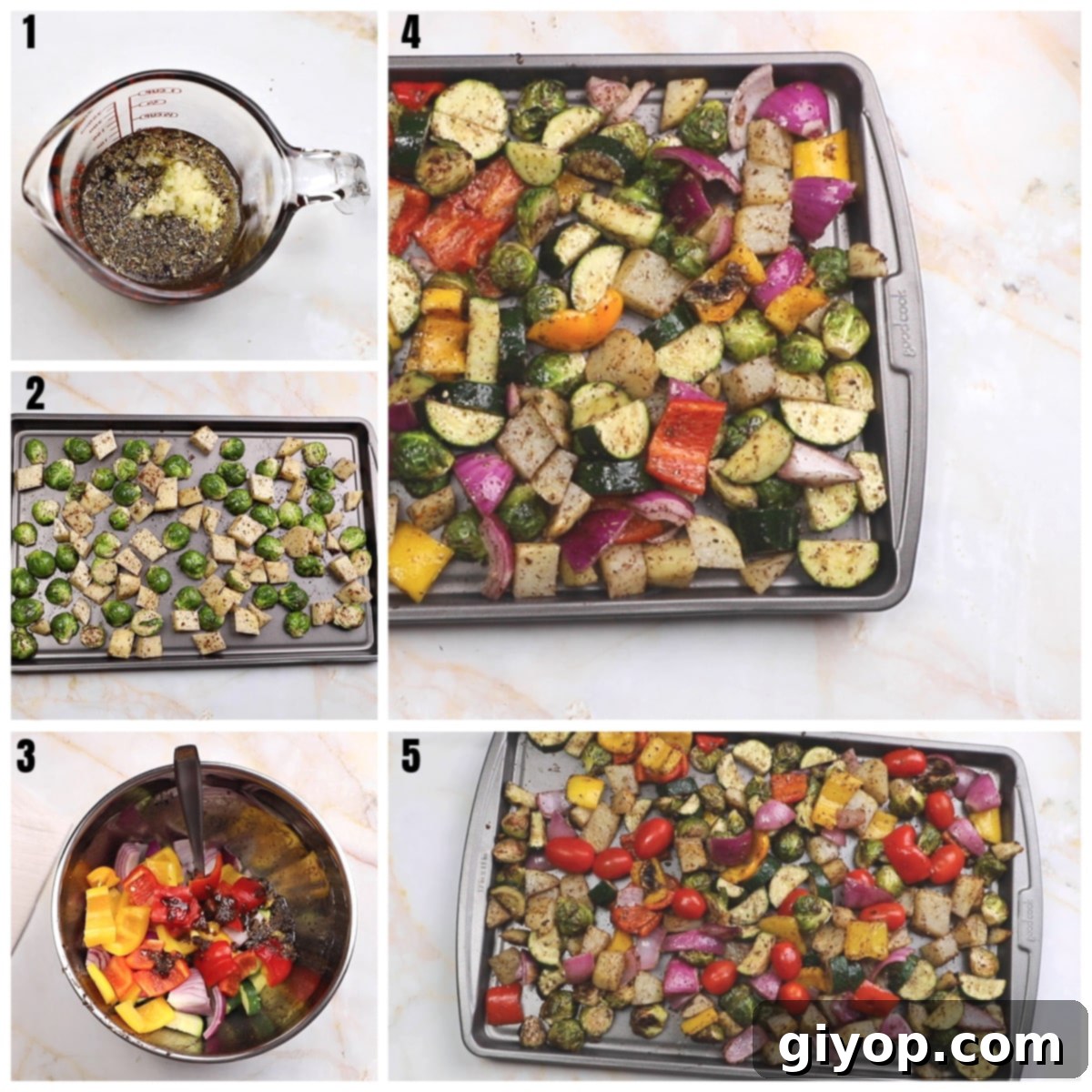 Sun-Kissed Mediterranean Roasted Vegetables 4 A visual guide in five photos showing the preparation stages of making roasted vegetables, from seasoning to baking.