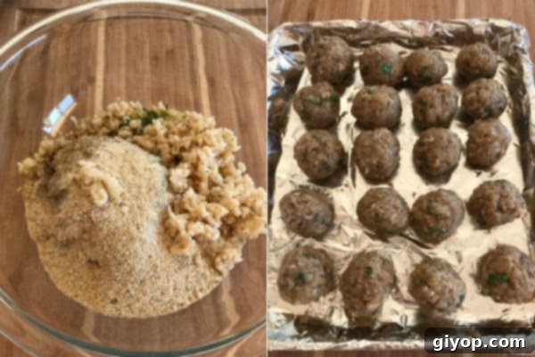 Steps to make turkey meatballs, adding all the ingredients in a deep bowl then forming into balls.