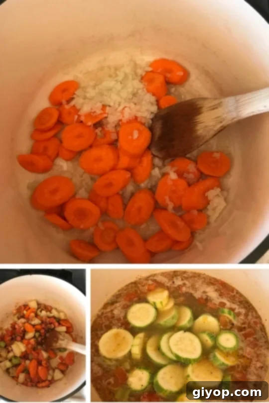 Picture showing steps to sauté onions and carrots then adding the rest of the vegetables and broth