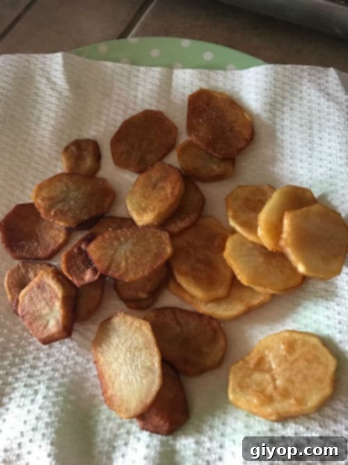 A photo displaying potato rings that failed to puff up during frying, resulting in burnt edges instead.
