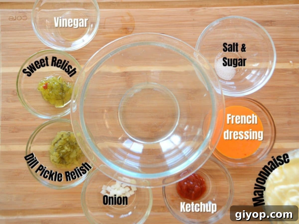 Big mac sauce ingredients on a wooden board.