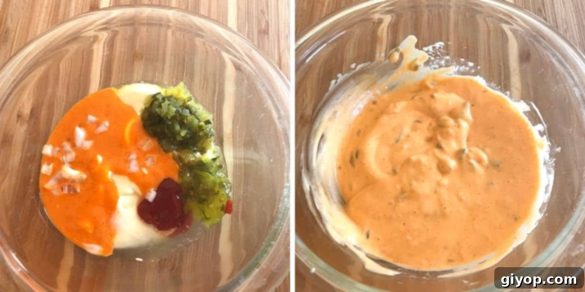 A collage fo two images showing how to make big mac sauce.