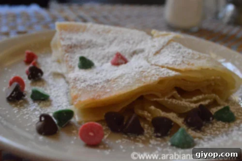 A close up of Feteer Meshaltet topped with powdered sugar on a white plate