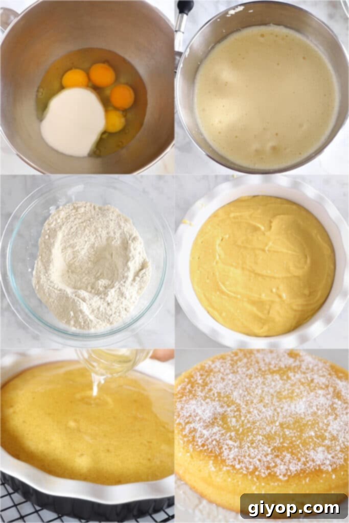 Syrup-Soaked Semolina Revani Cake 5 A collage of six images demonstrating the steps to make Revani cake, from mixing ingredients to pouring syrup.