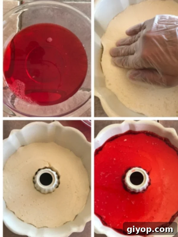 Dreamy Cream Cheese Jello Dessert 2 Two images showing the preparation of the strawberry jello mixture and carefully pouring it over the set cream cheese layer in the bundt pan.