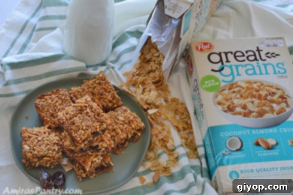 A plate full of breakfast squares, with Great Grains cereal boxes and a bottle of milk in the background, suggesting a wholesome and convenient meal.