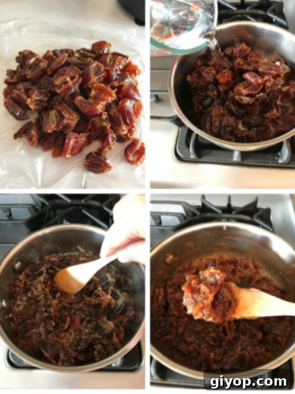 Dates are pitted, then water is added, and they are cooked to soften and create a thick, luscious date paste.