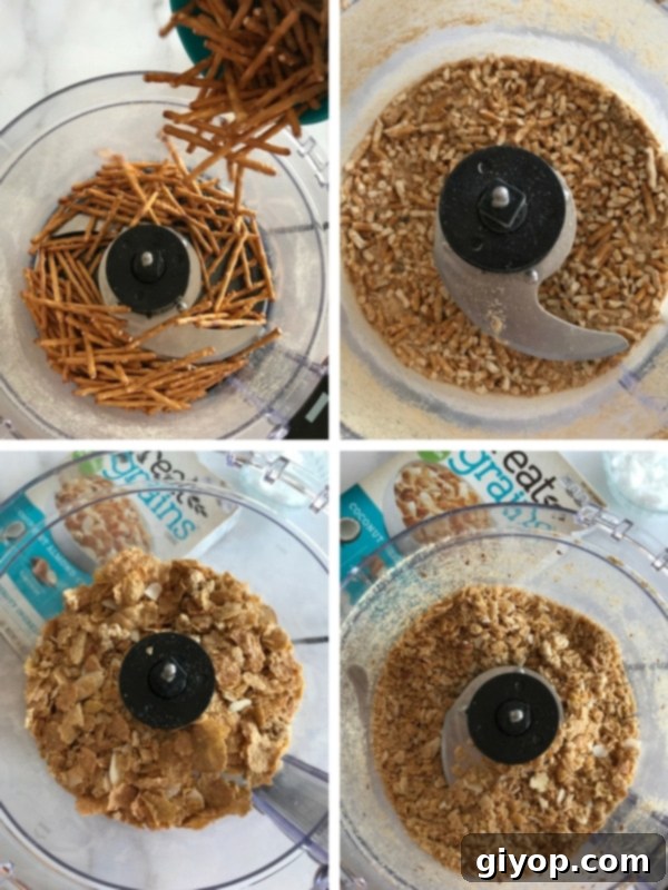 Processing pretzels and Great Grains cereal separately until moderate crumbs form, ensuring the right texture for the squares.