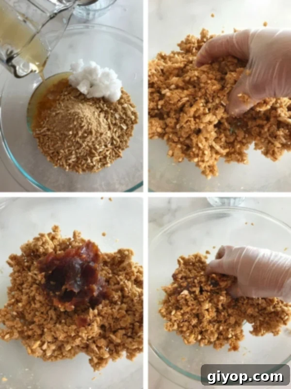 Mixing the crumbs with the rest of the ingredients, bringing together all the flavors and textures.