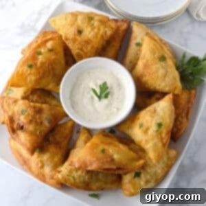 Easy Sambusa Recipe 3 An overhead shot of sambusas on a white platter.
