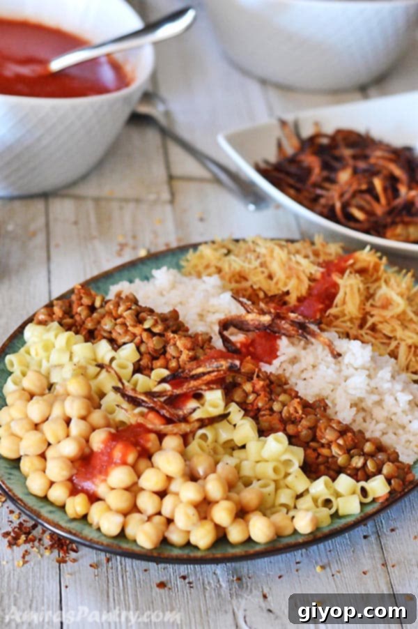 A big platter of Egyptian Koshari with vinegar tomato sauce and crunchy onion in the back