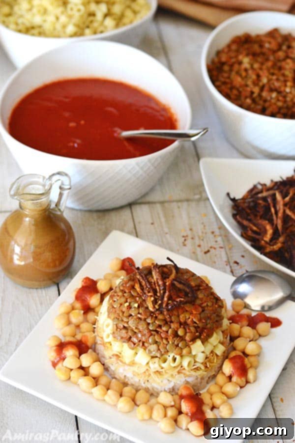 A table showing a plate with a serving of koshary with plates of tomato sauce, lentils, pasta and fried onions.