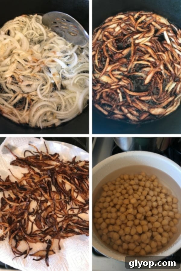 Frying onions and cooking chickpeas for Egyptian Koshari