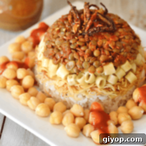 A close up of Koshari with rice, chickpeas and lentils on a plate