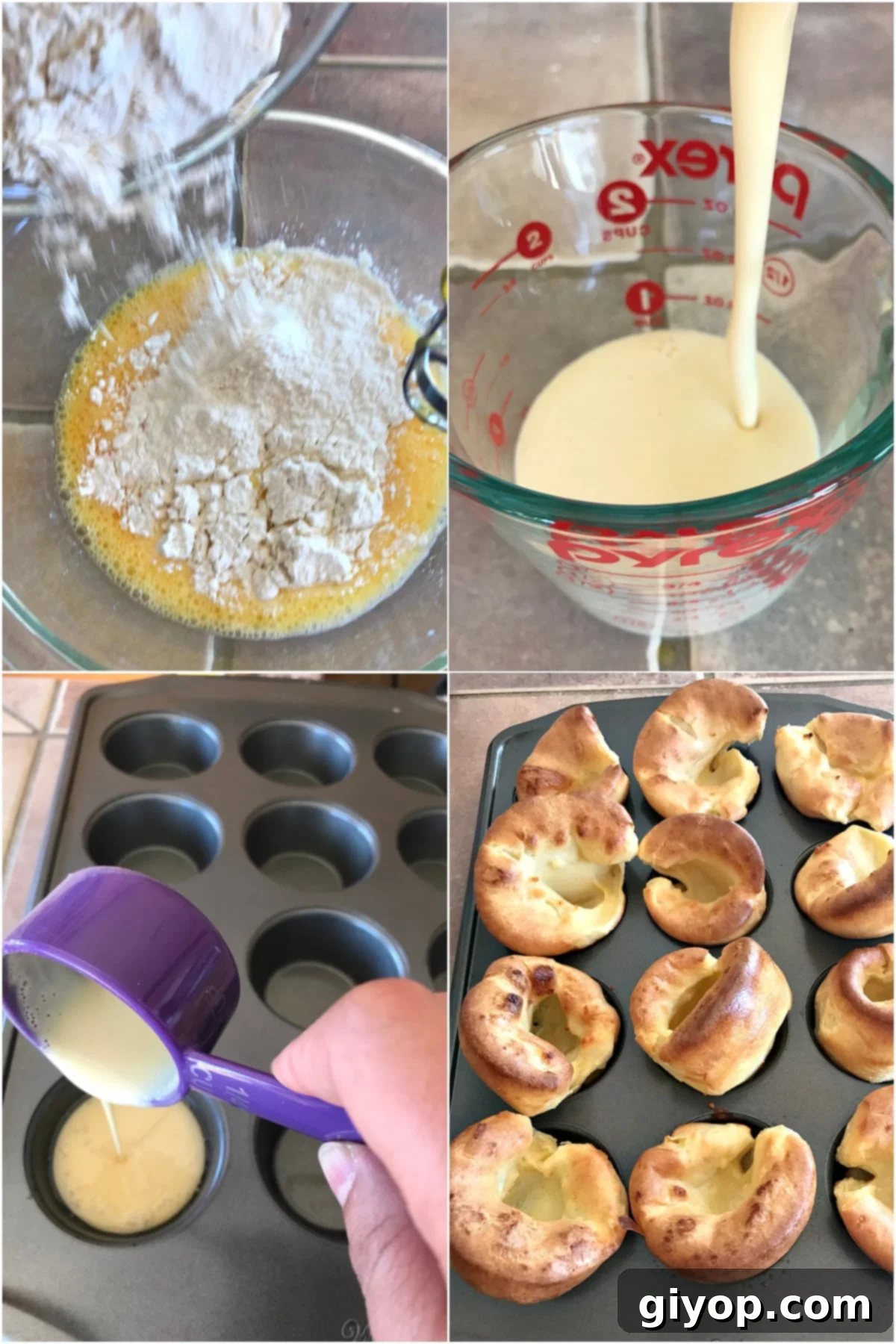A 4 image collage with instructions to make the Yorkshire puddings.
