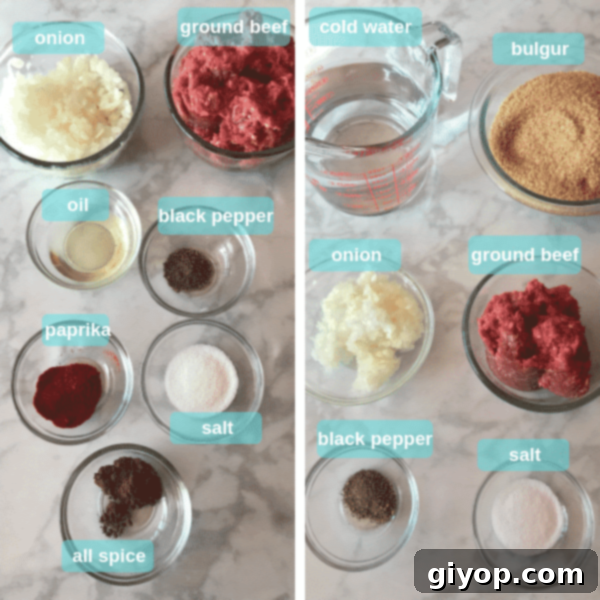 Ingredients for kibbeh on a white table