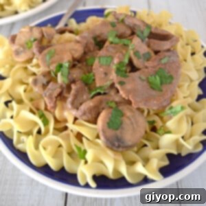 A plate brimming with creamy beef stroganoff and egg noodles, garnished with fresh parsley.