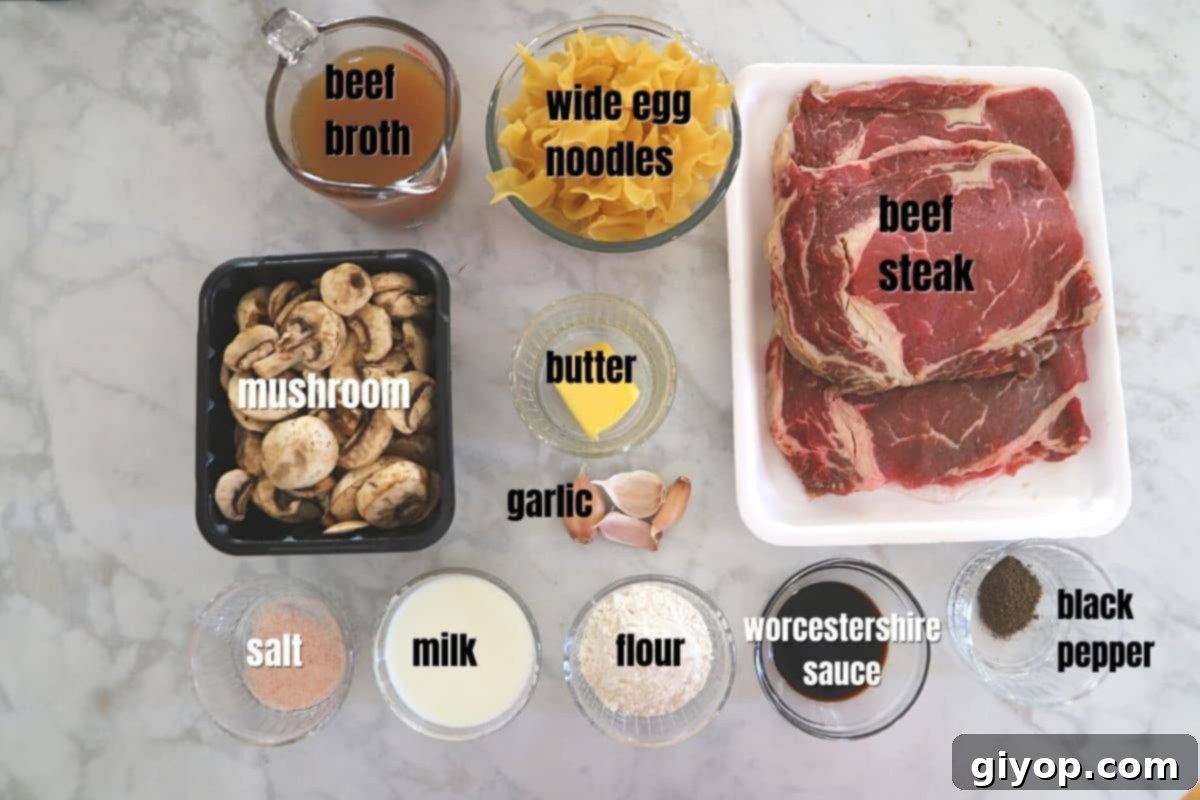 A collection of fresh ingredients laid out on a white marble surface, including beef sirloin steak, mushrooms, garlic, butter, and seasonings for beef stroganoff.