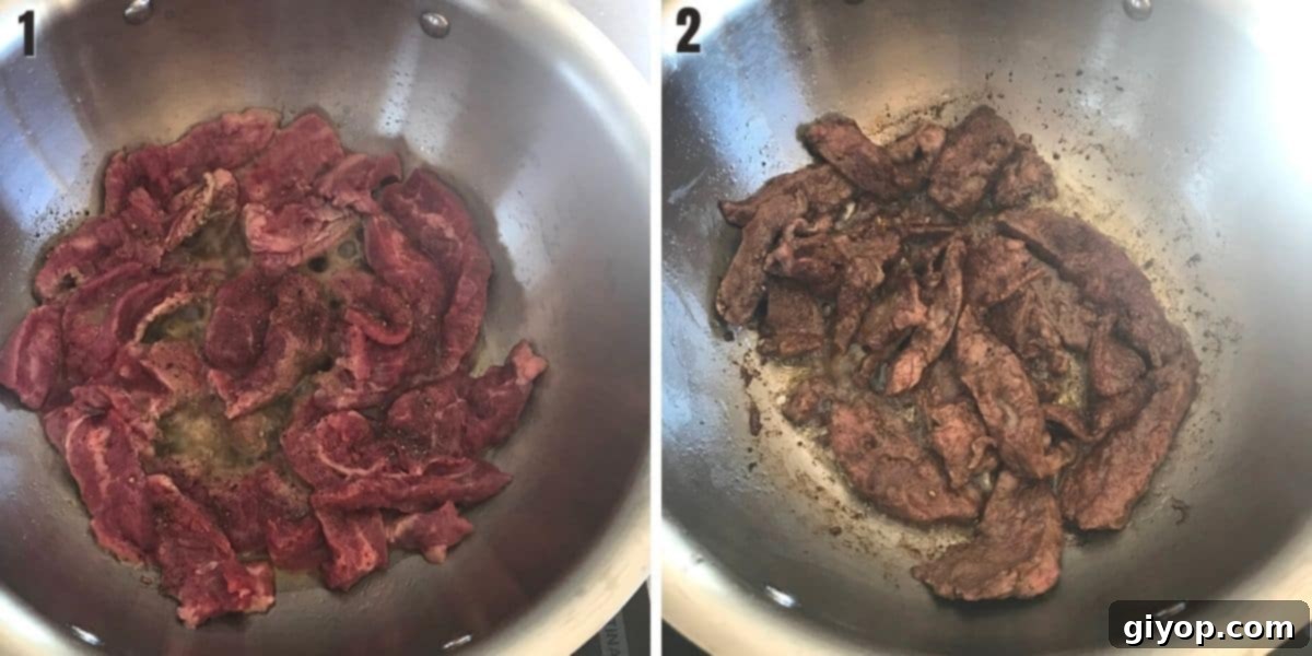 A collage of two images showing how to properly brown beef slices in a hot skillet for the stroganoff base.