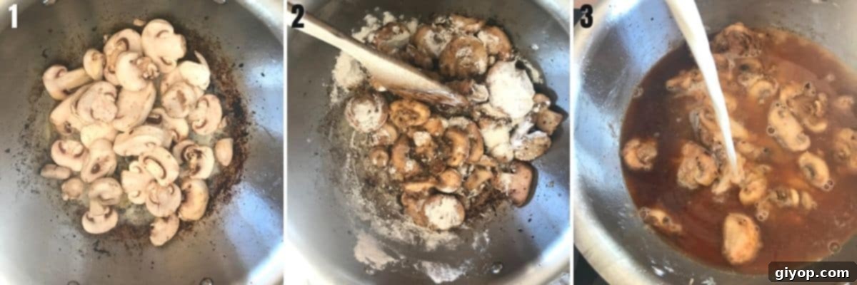 A collage of three images demonstrating the process of making the creamy mushroom sauce for homemade stroganoff.