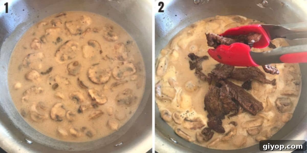 A collage of two images showing the final steps of combining the beef and sauce, and serving the easy homemade stroganoff.