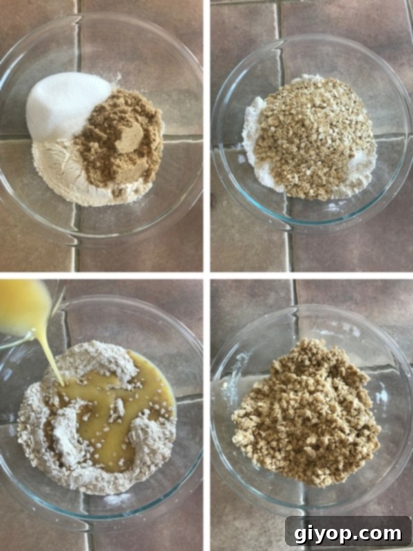 Strawberry Rhubarb Crumble Bliss 5 Preparing oatmeal, flour and butter crust for strawberry rhubarb crumble bars